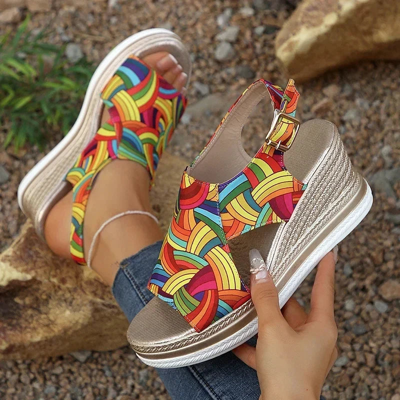 Colorful Platform Wedge Sandals | Strappy Espadrille Shoes | Ankle Buckle Summer Sandals