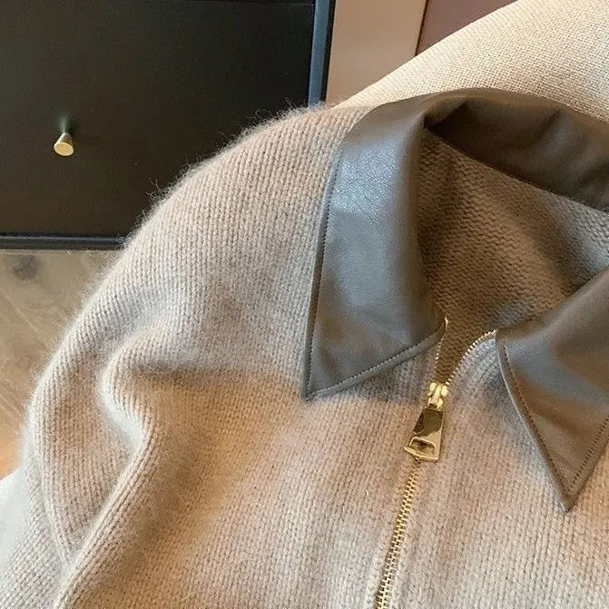 Cropped Knit Jacket, Zip-Up Sweater with Faux Leather Collar and Ribbed Trim, Cozy Casual Cardigan for Fall Winter