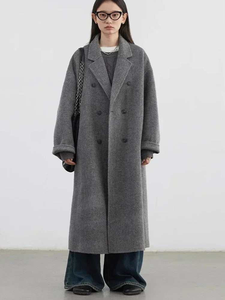 Long Double-Breasted Wool Coat, Tailored Lapel Overcoat with Relaxed Fit, Classic Fall Winter Outerwear
