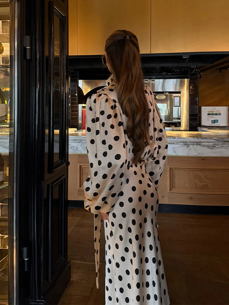 Polka Dot High Neck Top & Wide Leg Pants Co-Ord Set | Long Sleeve Two Piece Outfit with Ruffle Trim | Elegant Party & Occasion Wear