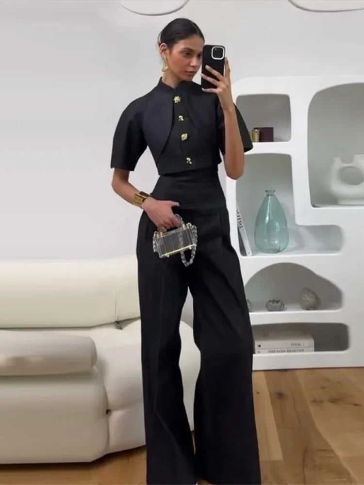 Button Front Collared Top & Wide Leg Pants Co-Ord Set | Tailored Two Piece Jumpsuit Style Outfit | Elegant Smart Casual Matching Set