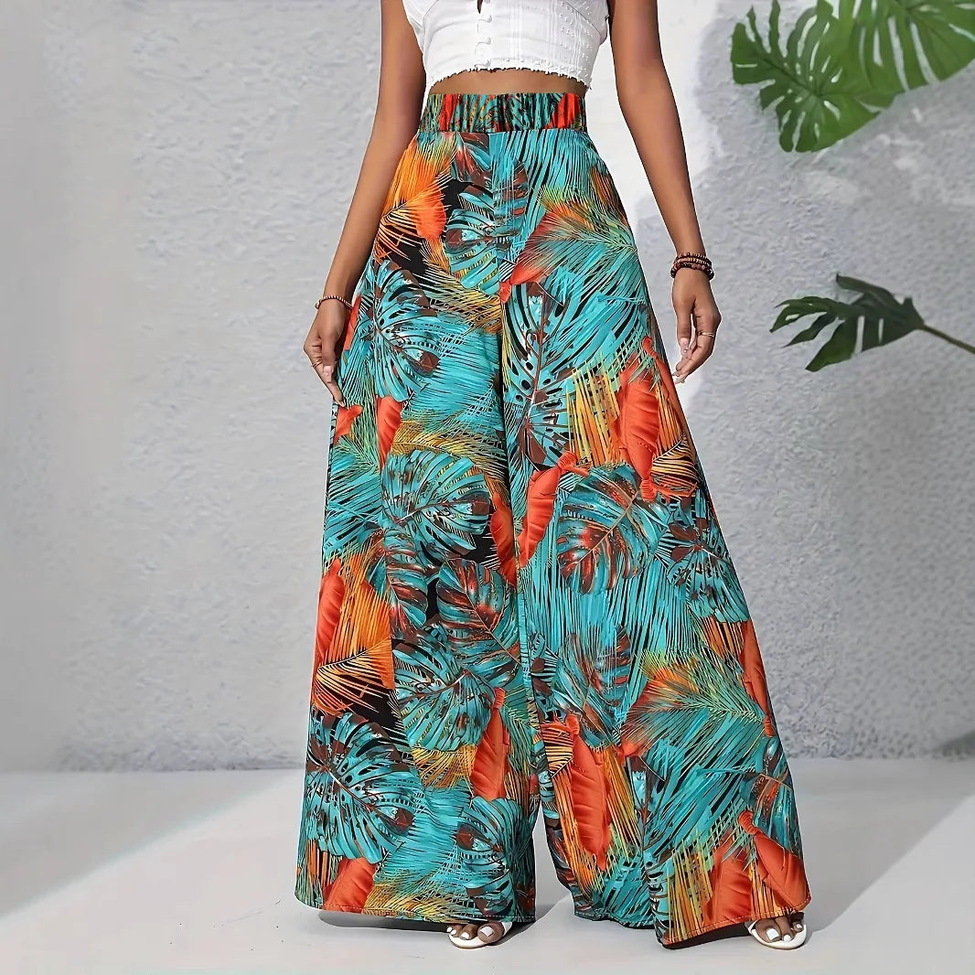 High Waisted Wide Leg Palazzo Pants Tropical Print Flowy Beach Trousers Full Length Boho Resort Vacation Bottoms