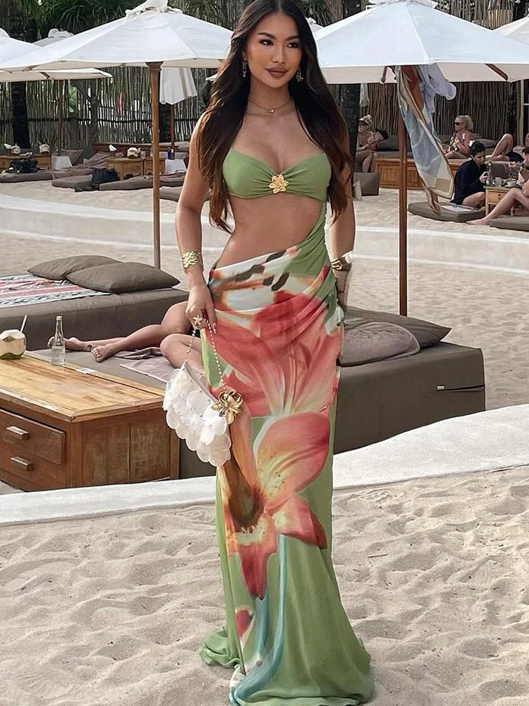 Floral Two Piece Set – Ruched Halter Crop Top and High Waist Maxi Skirt with Tropical Print, Flowing Silhouette for Vacations & Resort Wear