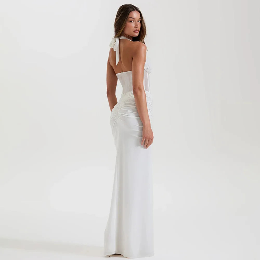Ruched Bodycon Maxi Dress – Halter Neck Dress with Corset-Inspired Bodice, Gathered Waist and Figure-Hugging Floor-Length Silhouette