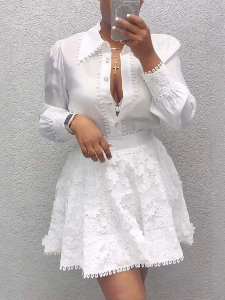 Embellished Button Front Shirt & Embroidered Mini Skirt Co-Ord Set | Long Sleeve Two Piece Outfit | Elegant Party Matching Set