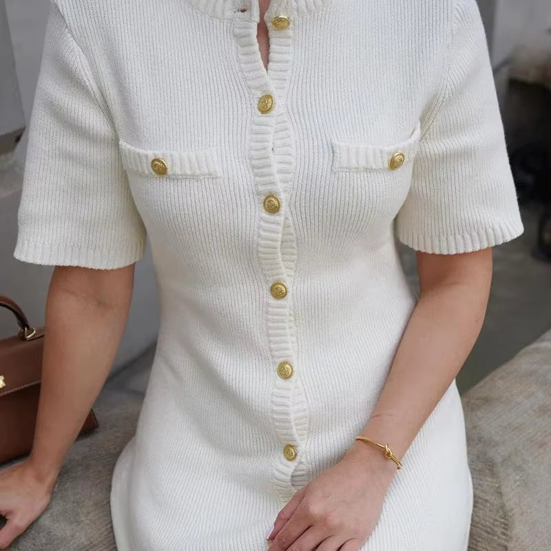Knit Button Down Mini Dress – Short Sleeve A Line Sweater Dress with Round Neckline, Front Button Closure and Decorative Chest Pockets