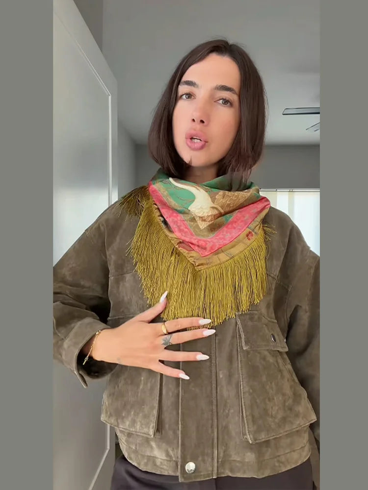 Women's Bird Print Triangle Shawl, Colorful Printed Scarf with Fringed Edges, Bohemian Statement Wrap for Women