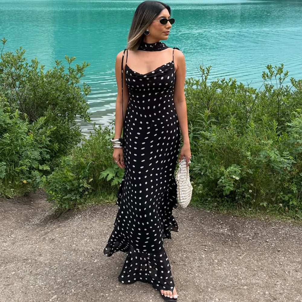 Polka Dot Maxi Dress – Spaghetti Strap Dress with Fitted Bodice, Ruched Waist and Flared Mermaid Skirt for Vacations & Summer Events