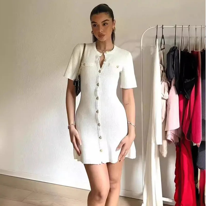 Knit Mini Dress – Short Sleeve Button Front Dress with Collared Neckline, Patch Pockets and Relaxed A-Line Silhouette for Casual & Summer Wear