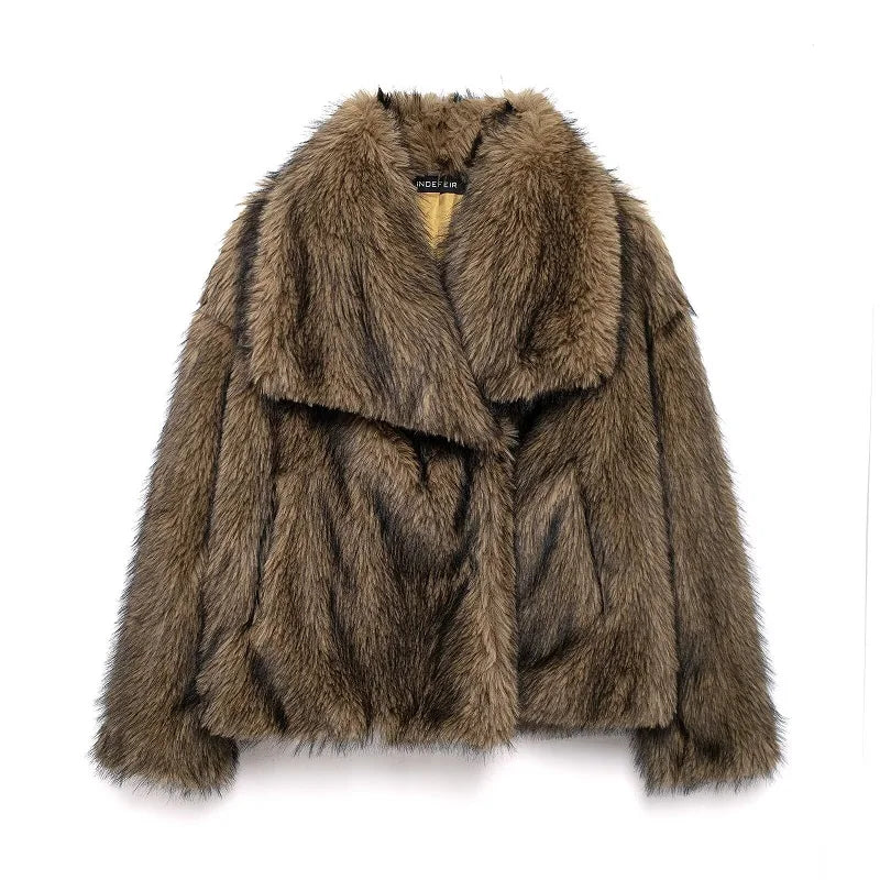 Women's Faux Fur Jacket, Oversized Plush Fur Coat with Wide Collar, Long Sleeve Winter Outerwear