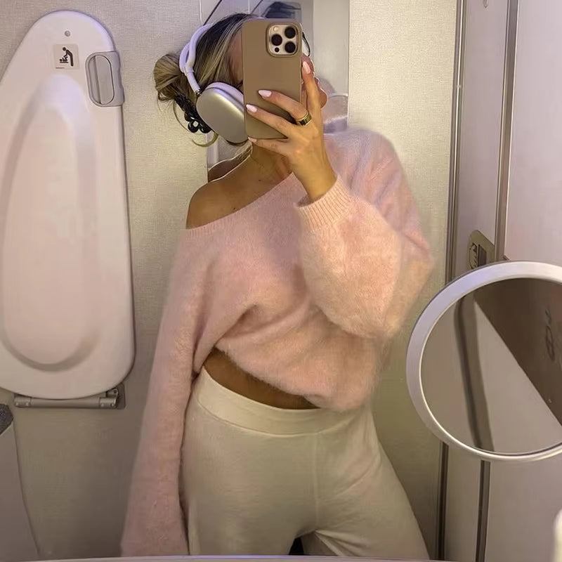 Off Shoulder Fuzzy Knit Sweater, Soft Boat Neck Pullover with Relaxed Fit and Long Sleeves, Chic Cozy Fall Winter Knitwear