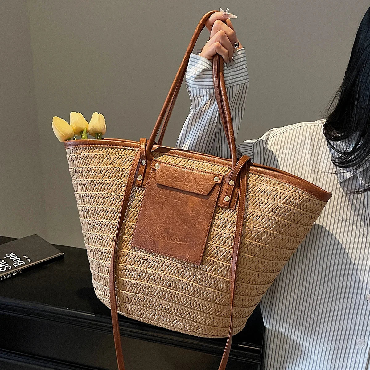 Straw Tote Bag, Woven Beach Handbag with Genuine Leather Accents, Large Summer Shoulder Bag with Long Handles & Crossbody Strap
