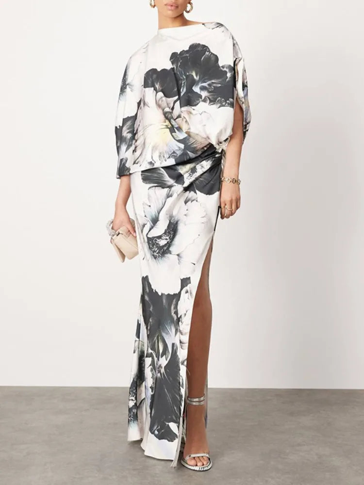 Abstract Print Maxi Dress – Short Sleeve Crew Neck Dress with Draped Silhouette, High Side Slit and Flowing Floor-Length Design for Events