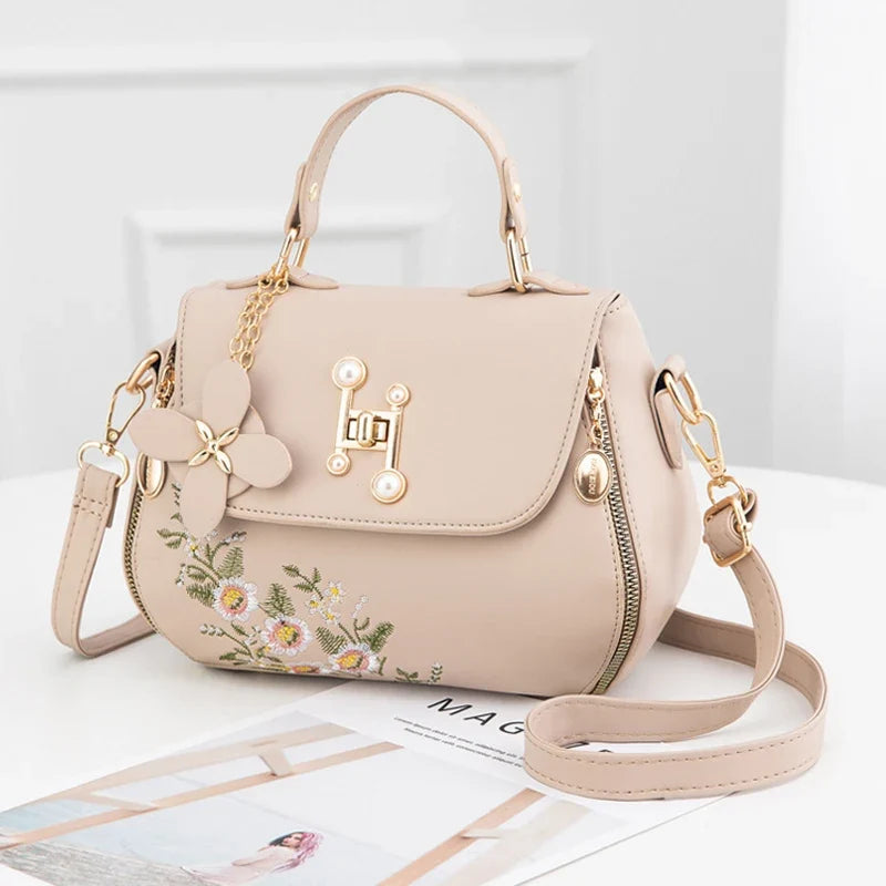 Embroidered Satchel Handbag, Elegant Top Handle Shoulder Purse with Floral Details, Structured Crossbody Bag with Adjustable Strap for Everyday Use