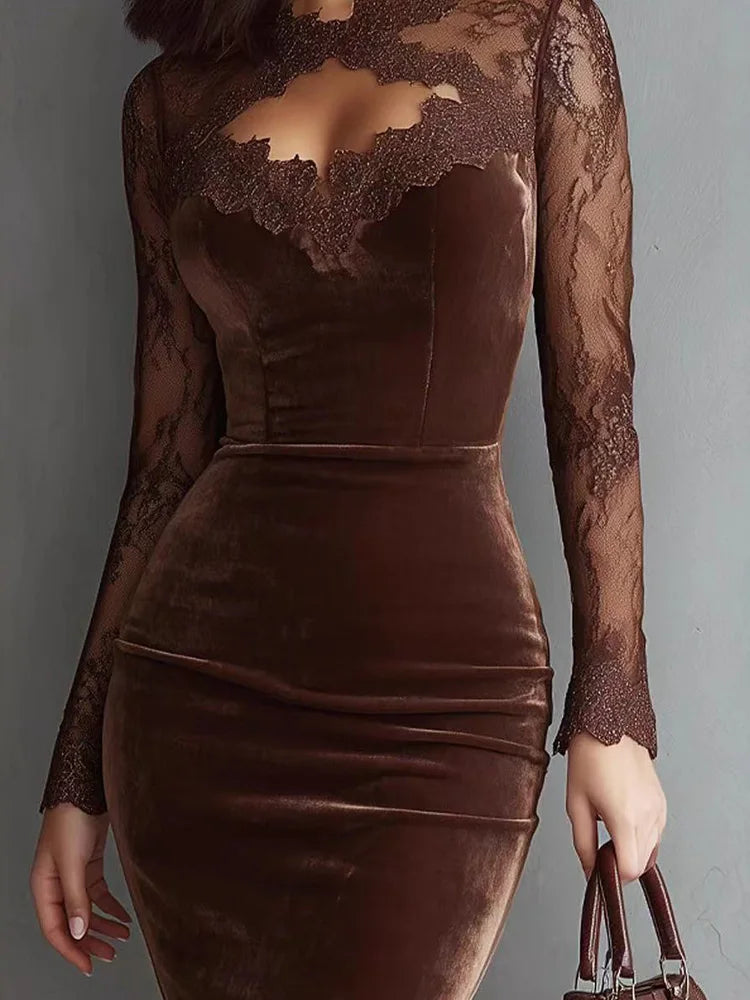 Lace Velvet Midi Dress – Long Sleeve Bodycon Dress with Sheer Lace Neckline, Fitted Waist and Elegant Evening Silhouette