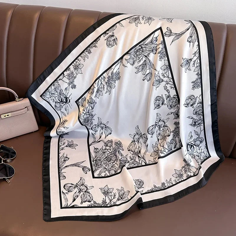 Floral Print Satin-Look Scarf, Elegant Botanical Neck Wrap with Contrast Border, Classic Square Scarf for Women