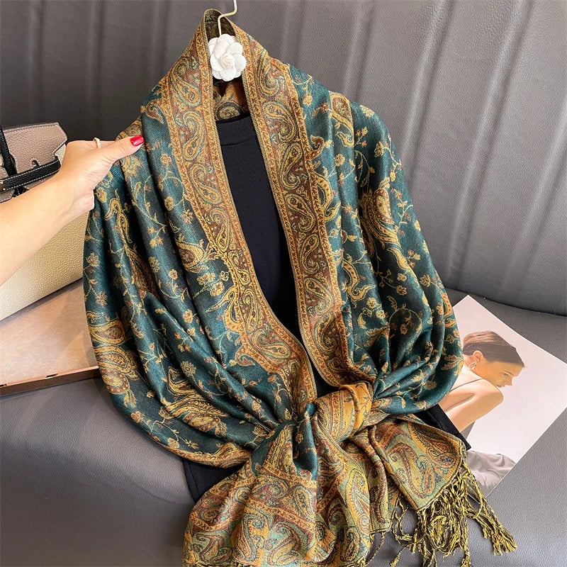 Women's Paisley Print Shawl Wrap, Bohemian Scarf with Decorative Border, Printed Shoulder Wrap for Women