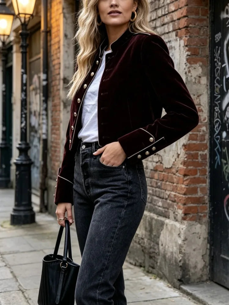 Cropped Velvet Jacket with Gold Button Detail, Tailored Collared Jacket, Fitted Long Sleeve Casual Outerwear