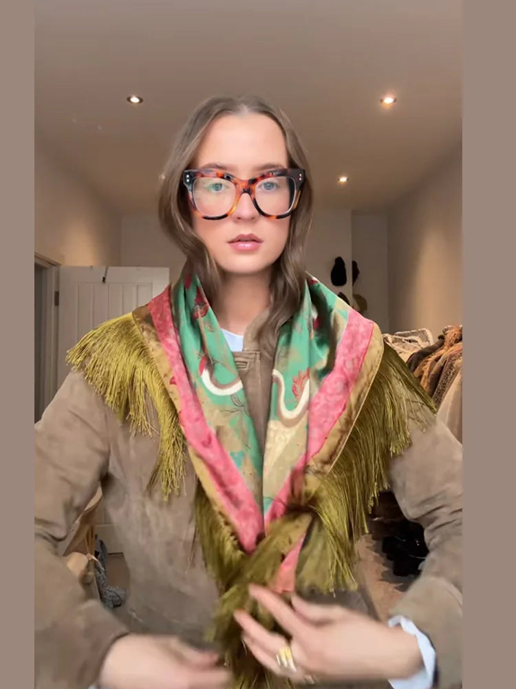 Women's Bird Print Triangle Shawl, Colorful Printed Scarf with Fringed Edges, Bohemian Statement Wrap for Women