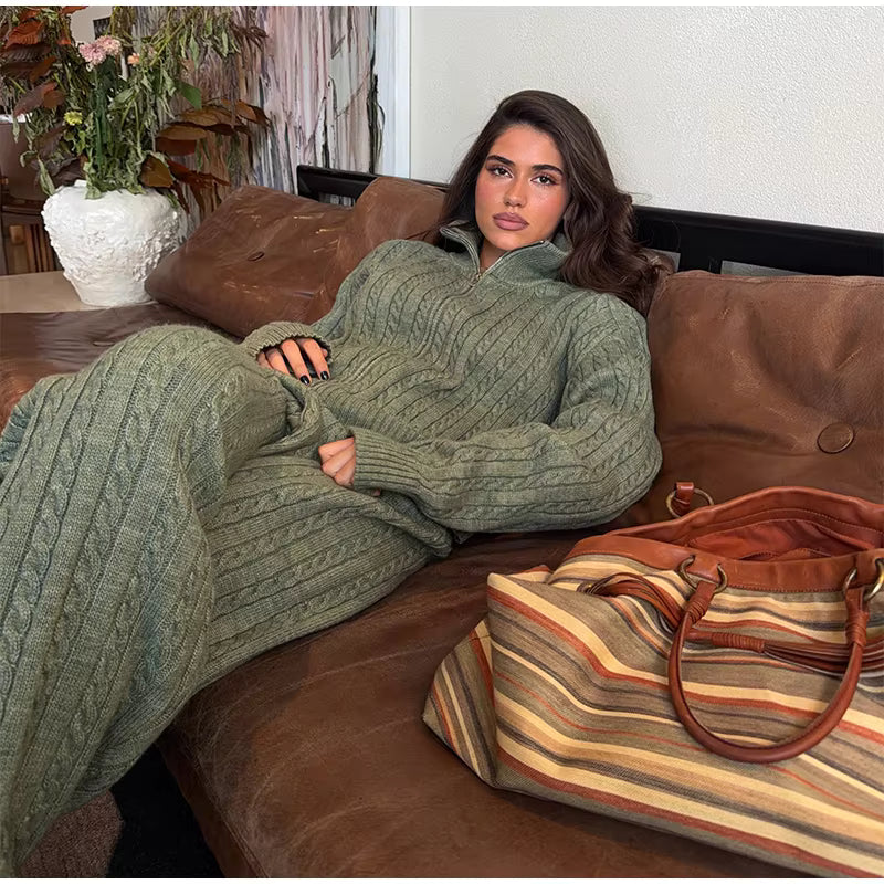 Cable Knit Sweater &amp; Wide Leg Pants Co-Ord Set | Oversized Two Piece Knit Outfit | Cozy Fall &amp; Winter Lounge Matching Set