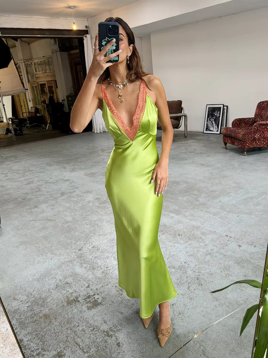 Satin Slip Maxi Dress – Deep V Neck Nightgown with Delicate Lace Trim, Spaghetti Straps and Elegant Flowing Silhouette