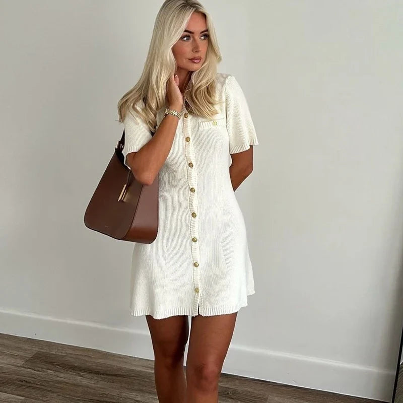 Knit Mini Dress – Short Sleeve Button Front Dress with Collared Neckline, Patch Pockets and Relaxed A-Line Silhouette for Casual & Summer Wear
