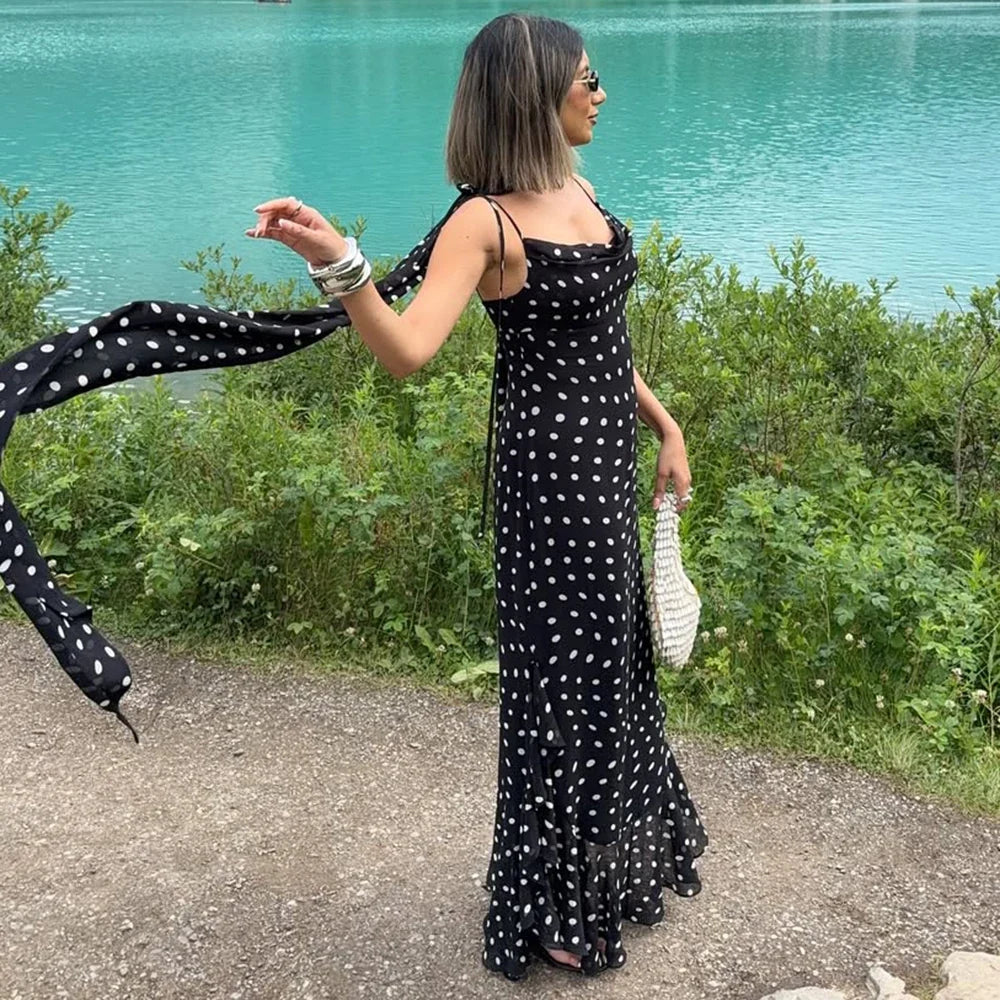 Polka Dot Maxi Dress – Spaghetti Strap Dress with Fitted Bodice, Ruched Waist and Flared Mermaid Skirt for Vacations & Summer Events