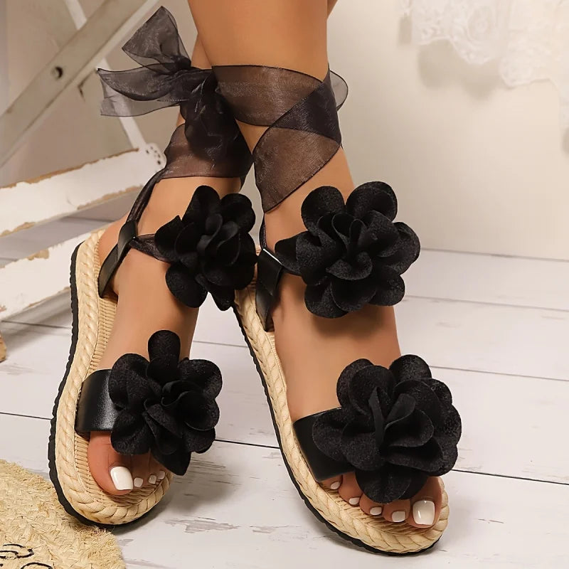 Floral Espadrille Sandals | Flower Ankle Tie Wedges | Romantic Summer Platform Shoes