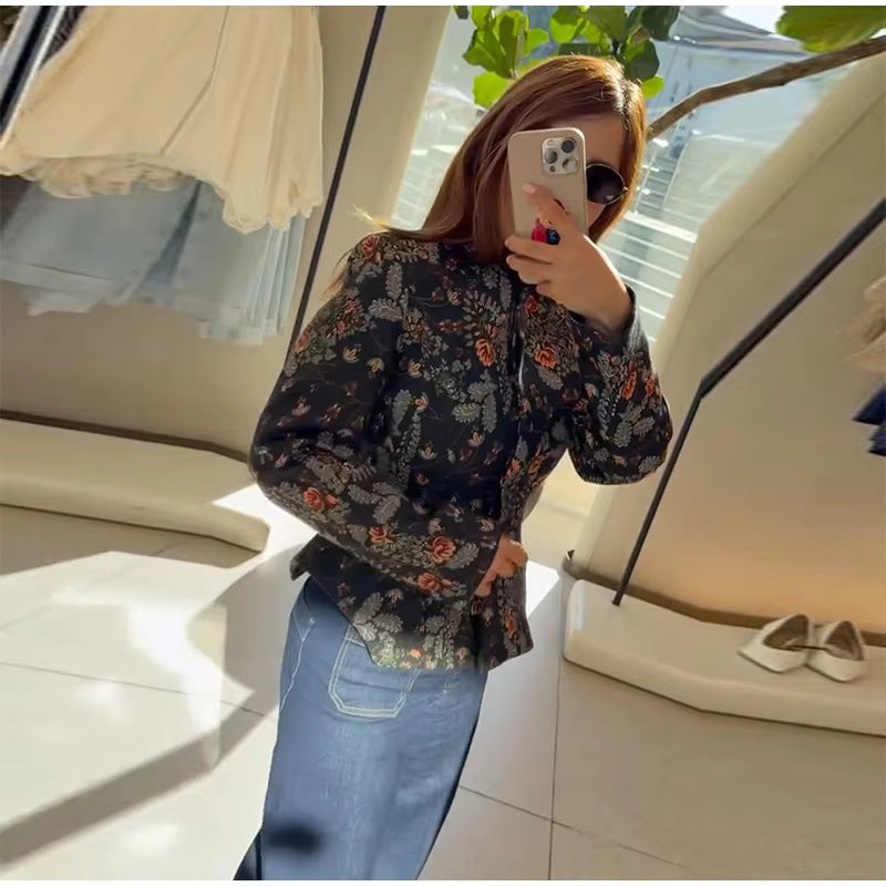 Floral Print Zip-Up Jacket, Stand Collar Lightweight Jacket with Long Sleeves and Vintage Botanical Pattern, Chic Casual Outerwear