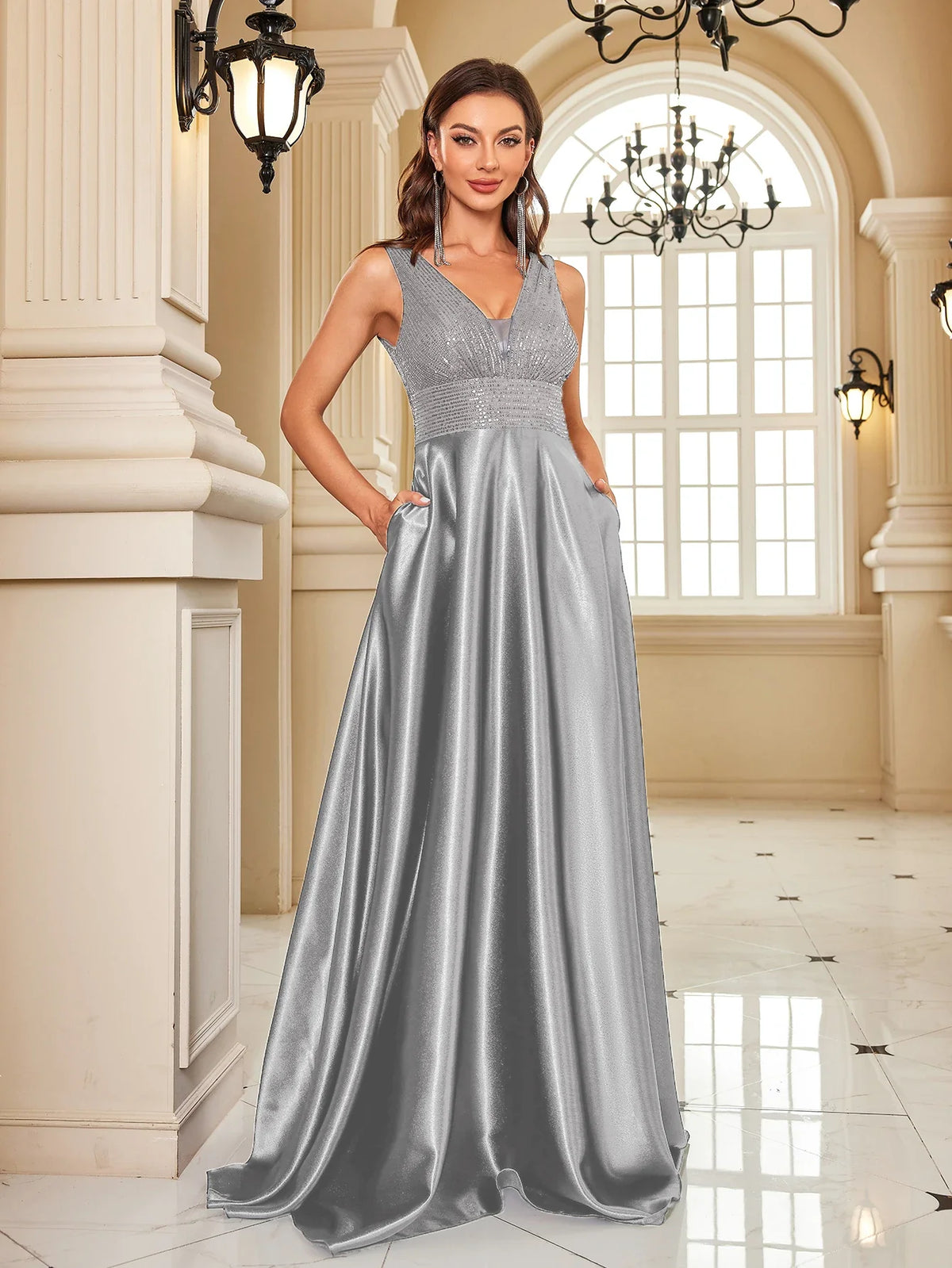 Satin Maxi Gown – Sleeveless Square Neck A-Line Dress with Fitted Bodice and Flowing Full Skirt for Weddings, Galas & Formal Events