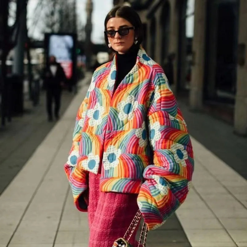 Quilted Puffer Jacket with Abstract Print, Oversized Zip-Up Jacket with High Neck and Front Pockets, Statement Winter Outerwear