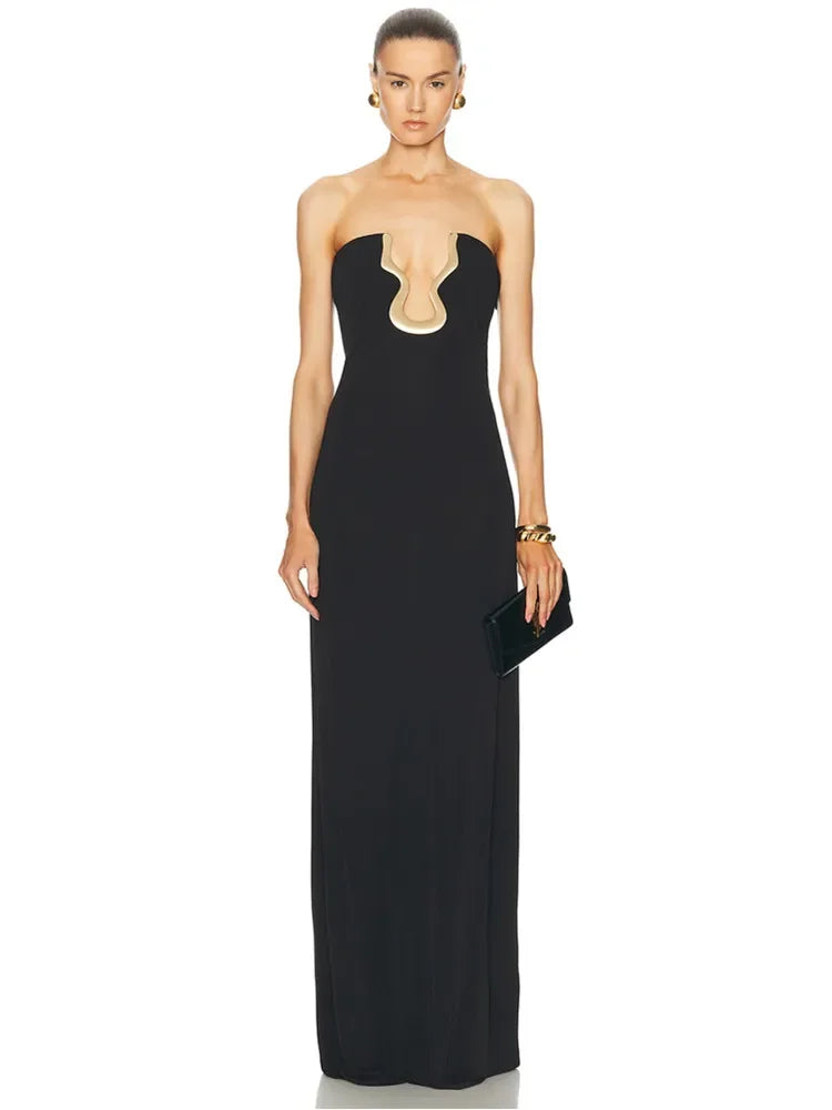 Strapless Maxi Dress – Elegant Column Gown with Sculpted U Neckline, Contrast Trim and Sleek Fitted Silhouette