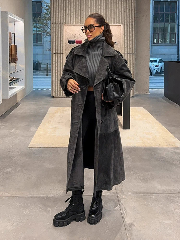 Longline Trench Coat, Belted Faux Leather Coat with Wide Lapels and Relaxed Fit, Elegant Winter Statement Outerwear