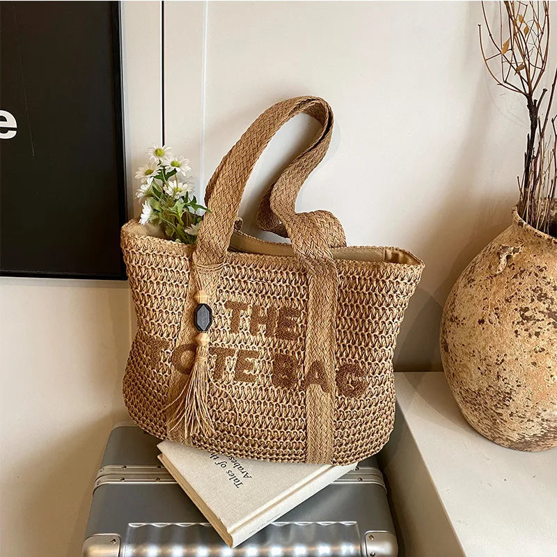 Woven Straw Tote Bag, Boho Beach Shoulder Bag, Large Casual Summer Handbag with Long Handles for Travel, Shopping & Everyday Use