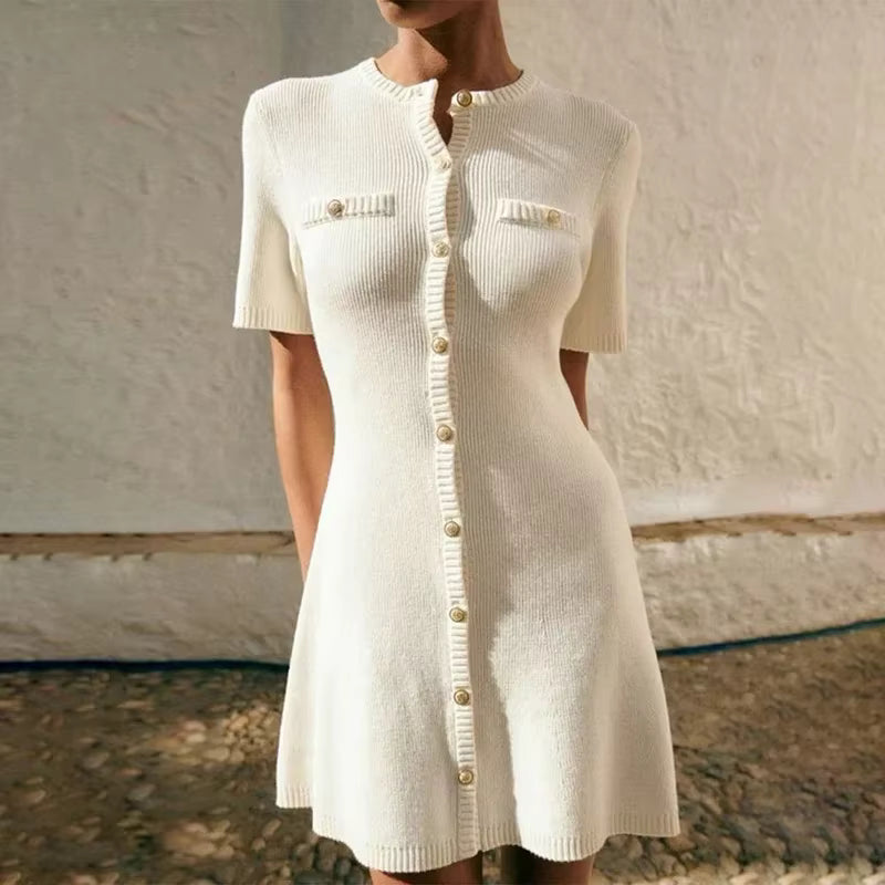Knit Button Down Mini Dress – Short Sleeve A Line Sweater Dress with Round Neckline, Front Button Closure and Decorative Chest Pockets