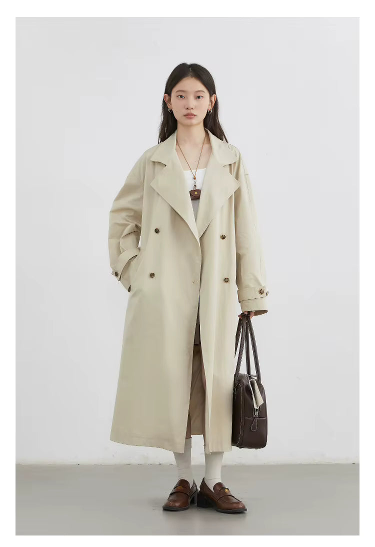 Classic Double-Breasted Trench Coat, Longline Coat with Wide Lapels and Adjustable Cuffs, Elegant Minimalist Transitional Outerwear