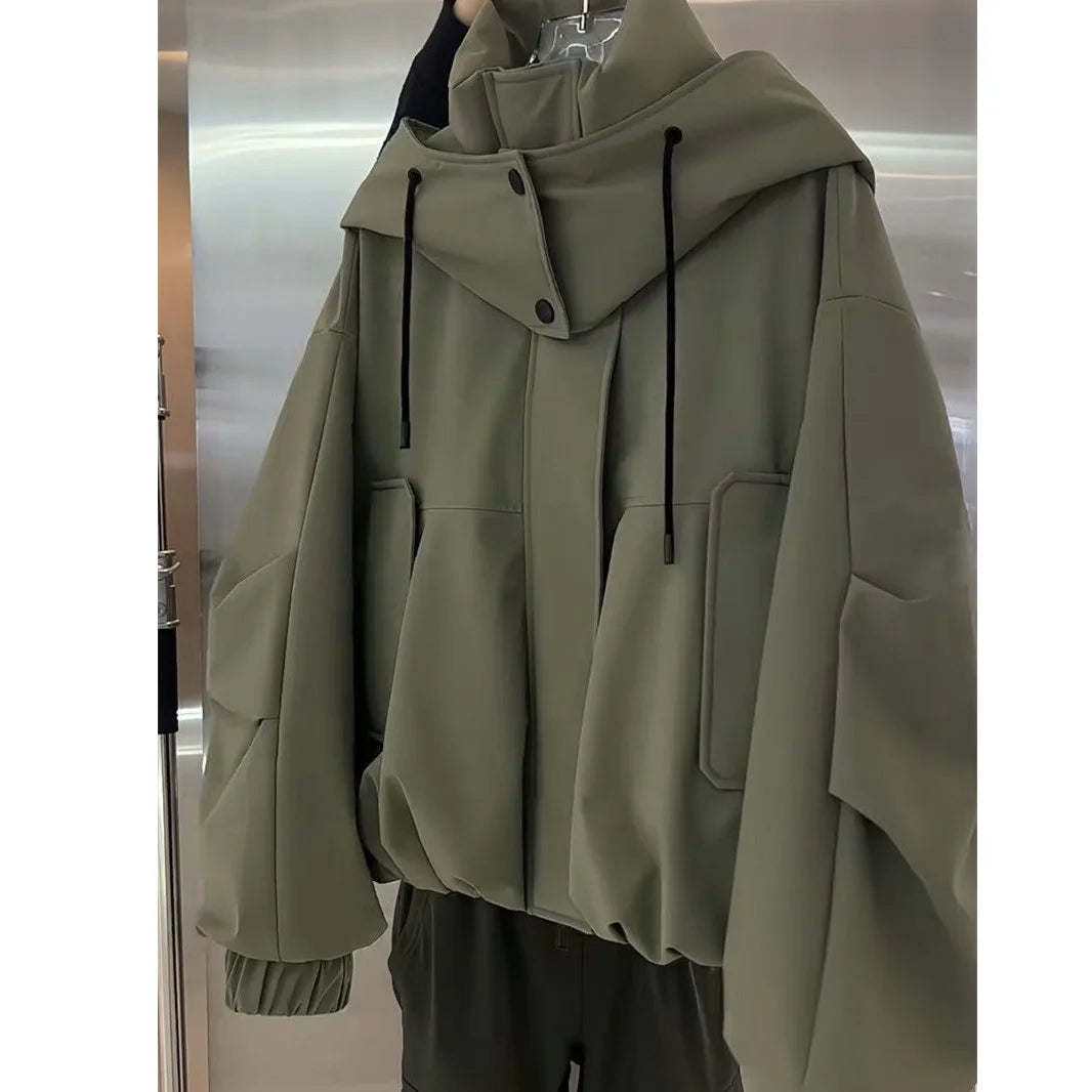 Hooded Utility Jacket, Oversized Drawstring Windbreaker with Multi-Pocket Design and Elastic Cuffs, Casual Outdoor Outerwear