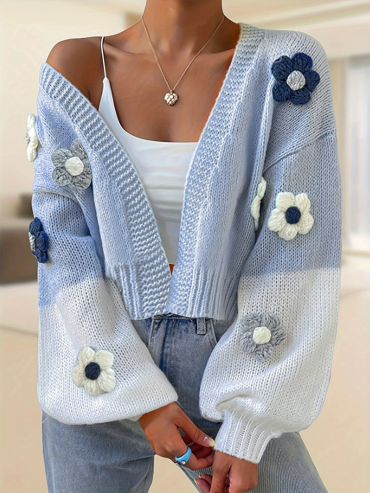 Floral Knit Cardigan, Cropped Open Front Sweater with 3D Flower Appliqués and Balloon Sleeves, Cute Boho Spring Knitwear