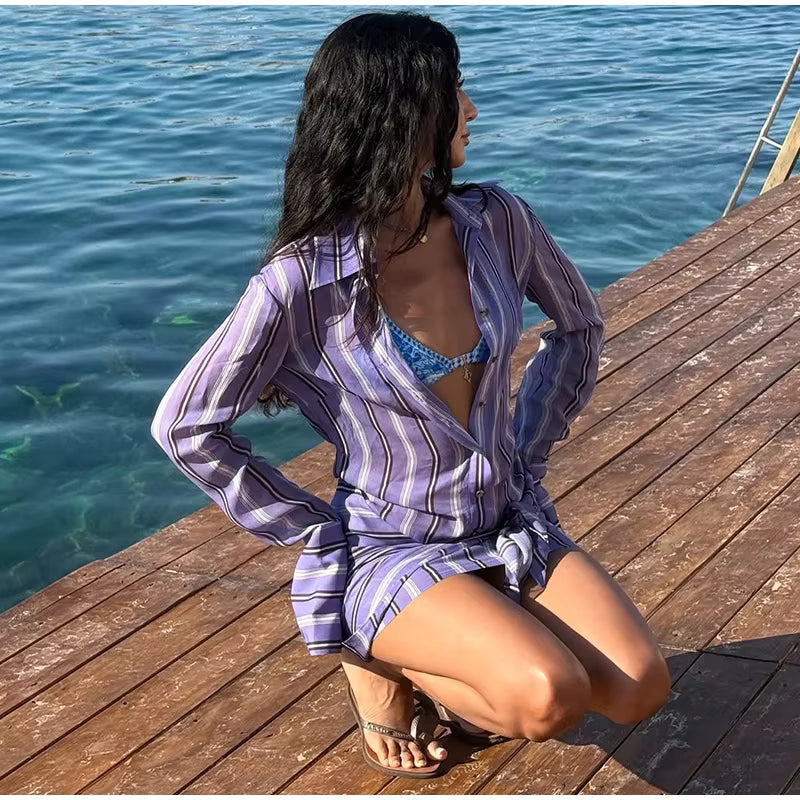 Striped Shirt Mini Dress – Sheer Chiffon Button Down Dress with Turn-Down Collar, Long Sleeves, Waist Tie and Detachable Scarf