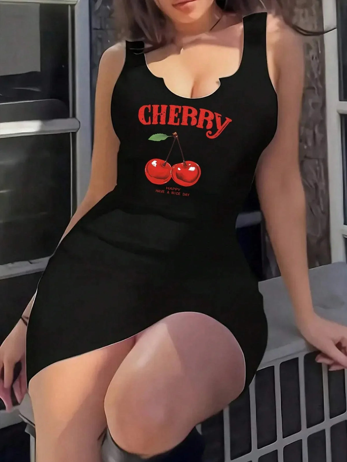 Cherry Graphic Mini Dress – Sleeveless Scoop Neck Tank Dress with Fitted Silhouette and Playful Fruit Print for Summer & Casual Outings