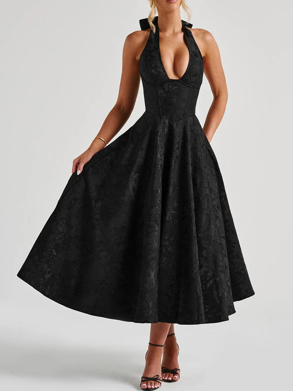Tulle A-Line Midi Dress – Sleeveless Corset Bodice Dress with Full Flared Skirt and Textured Finish for Weddings, Proms & Parties