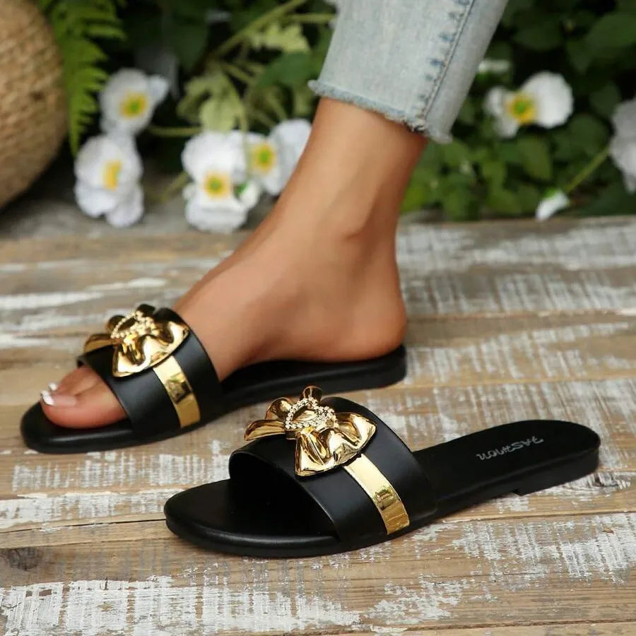 Bow Slide Sandals | Gold Embellished Flat Mules | Elegant Open Toe Summer Casual Shoes