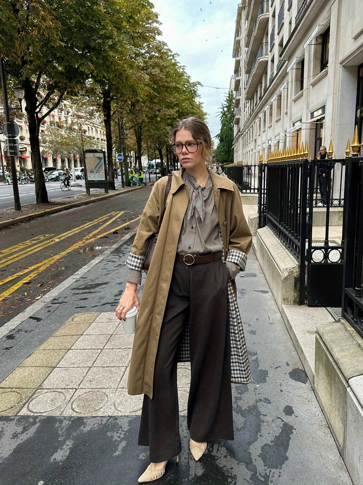 Long Trench Coat with Checkered Lining, Classic Belted Overcoat with Double-Breasted Front, Tailored Fall Outerwear