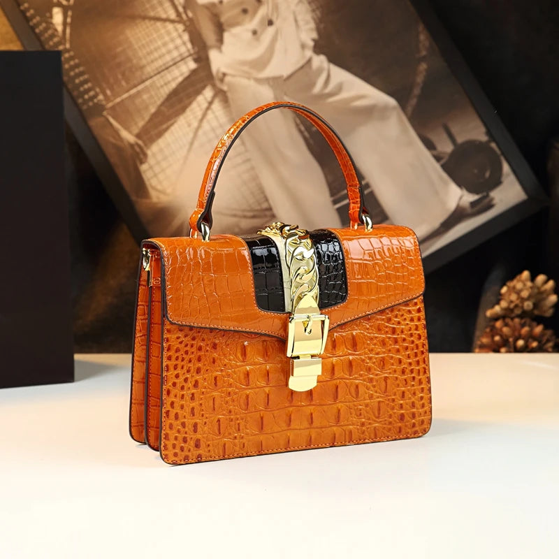 Crocodile Embossed Top Handle Handbag, Structured Vintage Satchel with Gold-Tone Clasp, Elegant Shoulder Purse for Work, Dates & Special Occasions