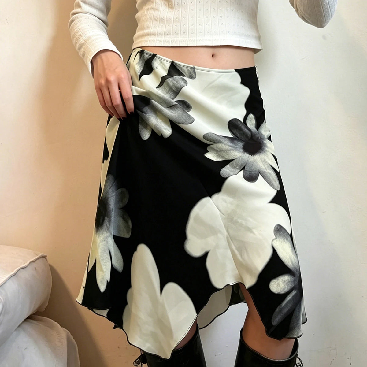 High Waisted Floral Midi Skirt Asymmetrical A Line Skirt Draped Wrap Style Irregular Hem Elegant Casual Party Wear
