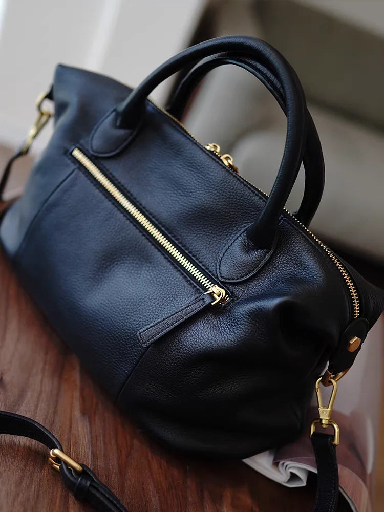 Vintage Boston Handbag, Soft Leather-Look Travel Satchel with Double Top Handles, Adjustable Crossbody Strap, Spacious Purse for Work & Everyday Use