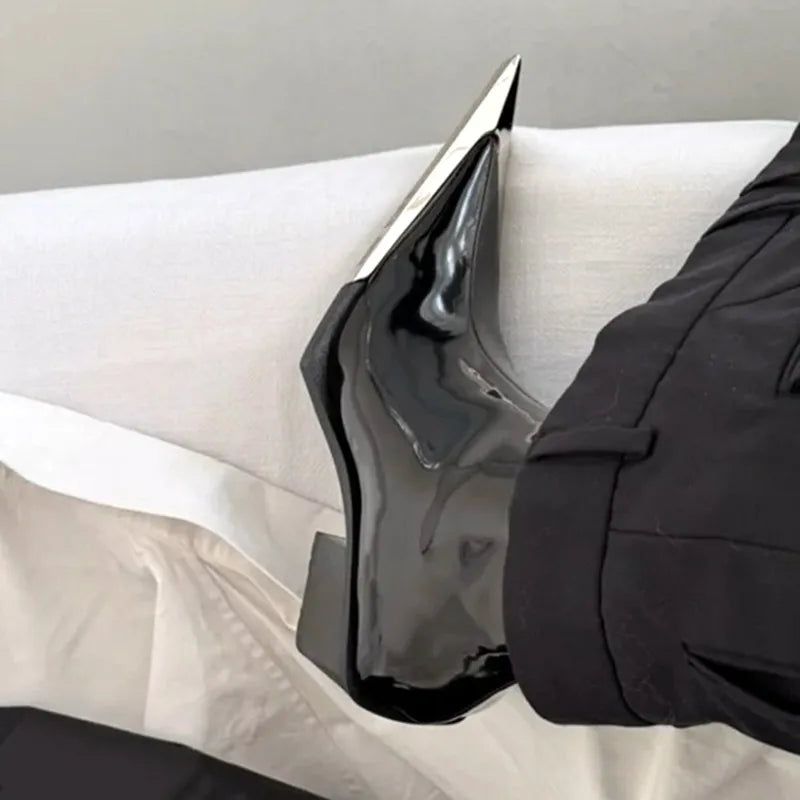 Patent Pointed Toe Ankle Boots | Sculptural High Heel Booties | Glossy Statement Fashion Boots