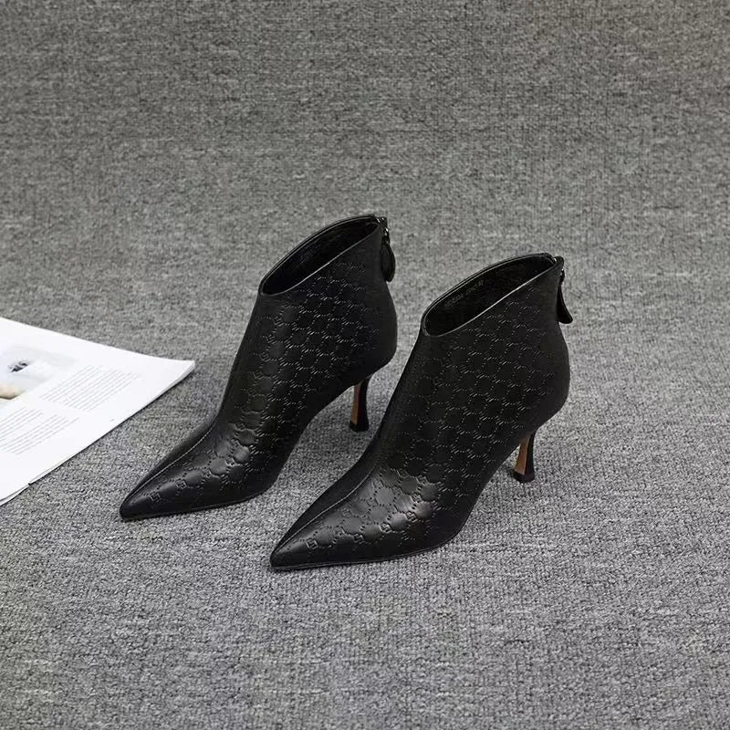 Pointed Toe Stiletto Ankle Boots | Textured High Heel Booties | Elegant Zip-Up Dress Boots