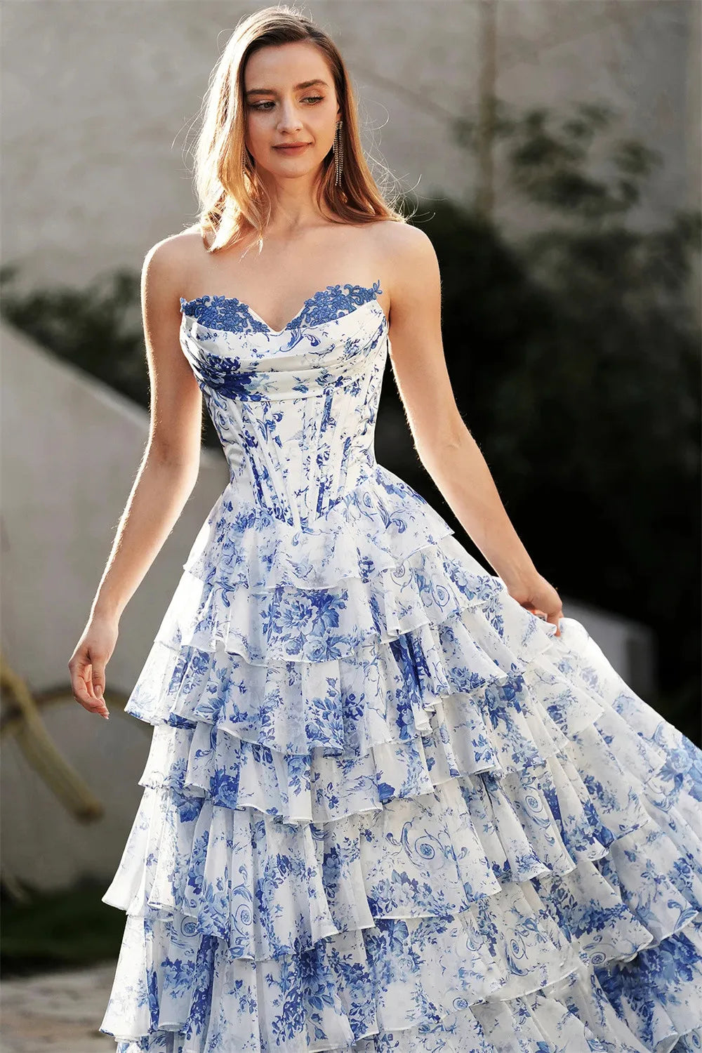 Floral Ball Gown Maxi Dress – Strapless Corset-Style Dress with Pleated Full Skirt and Front Slit for Weddings, Proms & Formal Events