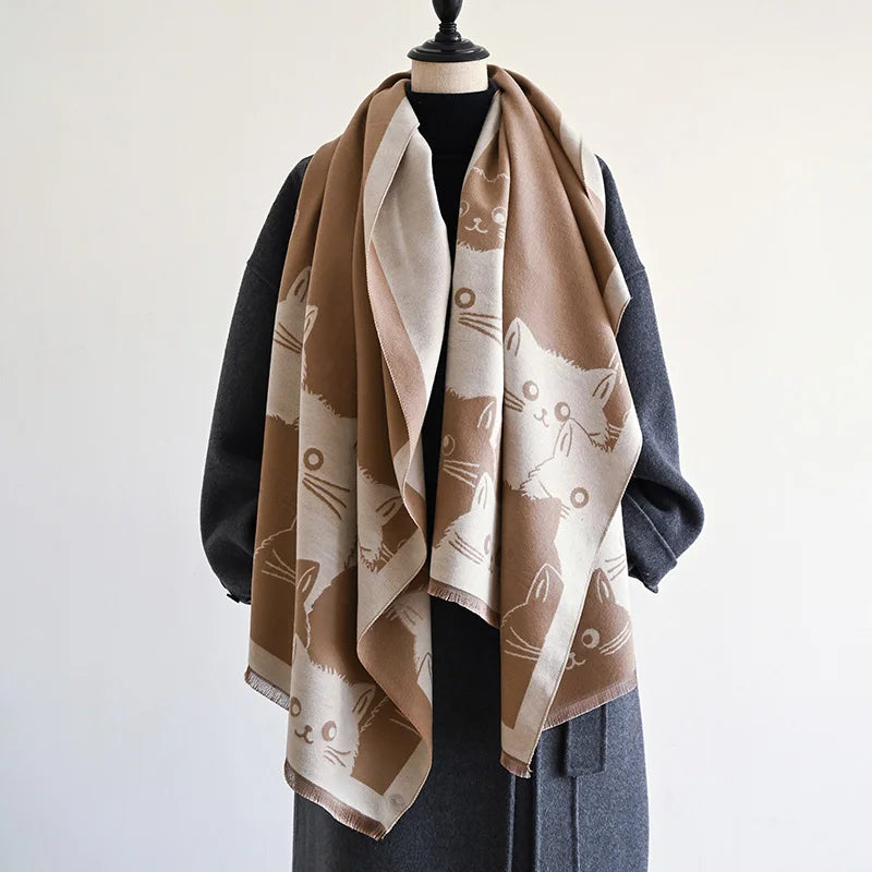 Cute Cat Print Scarf, Playful Feline Pattern Shawl Wrap, Artistic Neck Scarf with Decorative Border